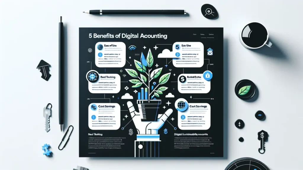 Como Os 5 Benefícios Da Contabilidade Digital Podem Otimizar Seu Negócio 2 Infográfico sobre os 5 benefícios da contabilidade digital para empresas, destacando otimização de processos e eficiência financeira. - ilustração