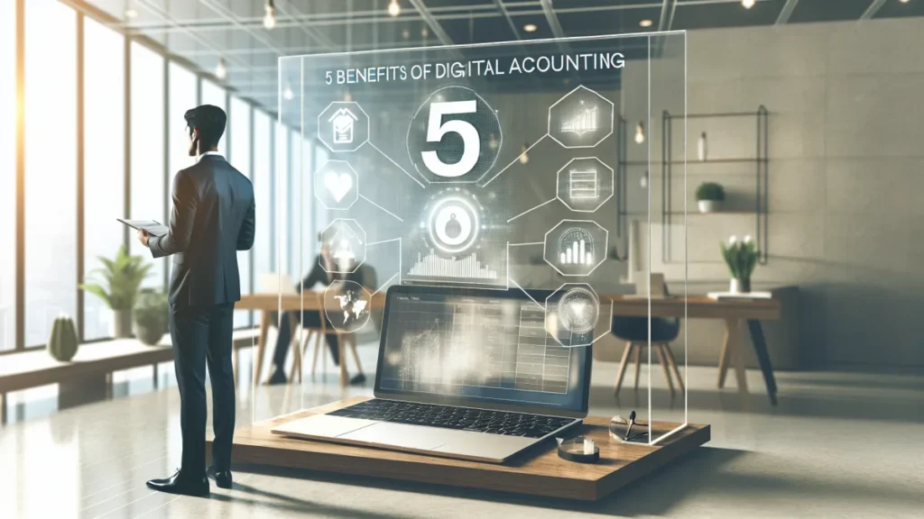 Como Os 5 Benefícios Da Contabilidade Digital Podem Otimizar Seu Negócio 1 Infográfico sobre os 5 benefícios da contabilidade digital para empresas, destacando otimização de processos e eficiência financeira. - exemplo prático