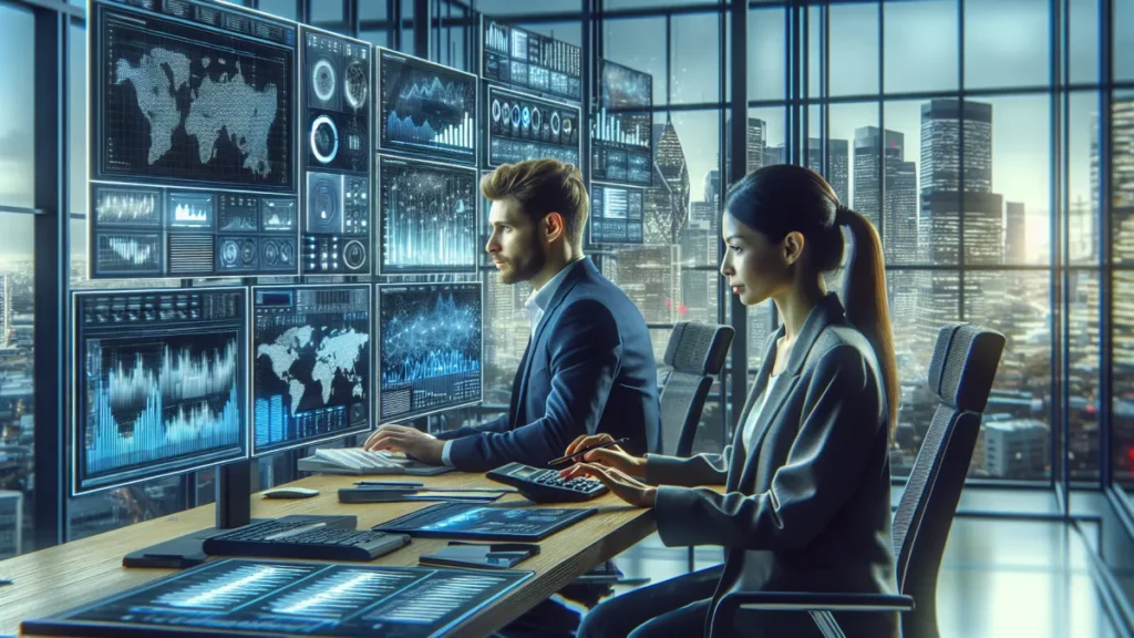 Imagem ilustrativa de tecnologia em processos contábeis com gráficos e computadores