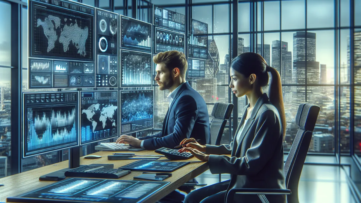 Imagem ilustrativa de tecnologia em processos contábeis com gráficos e computadores