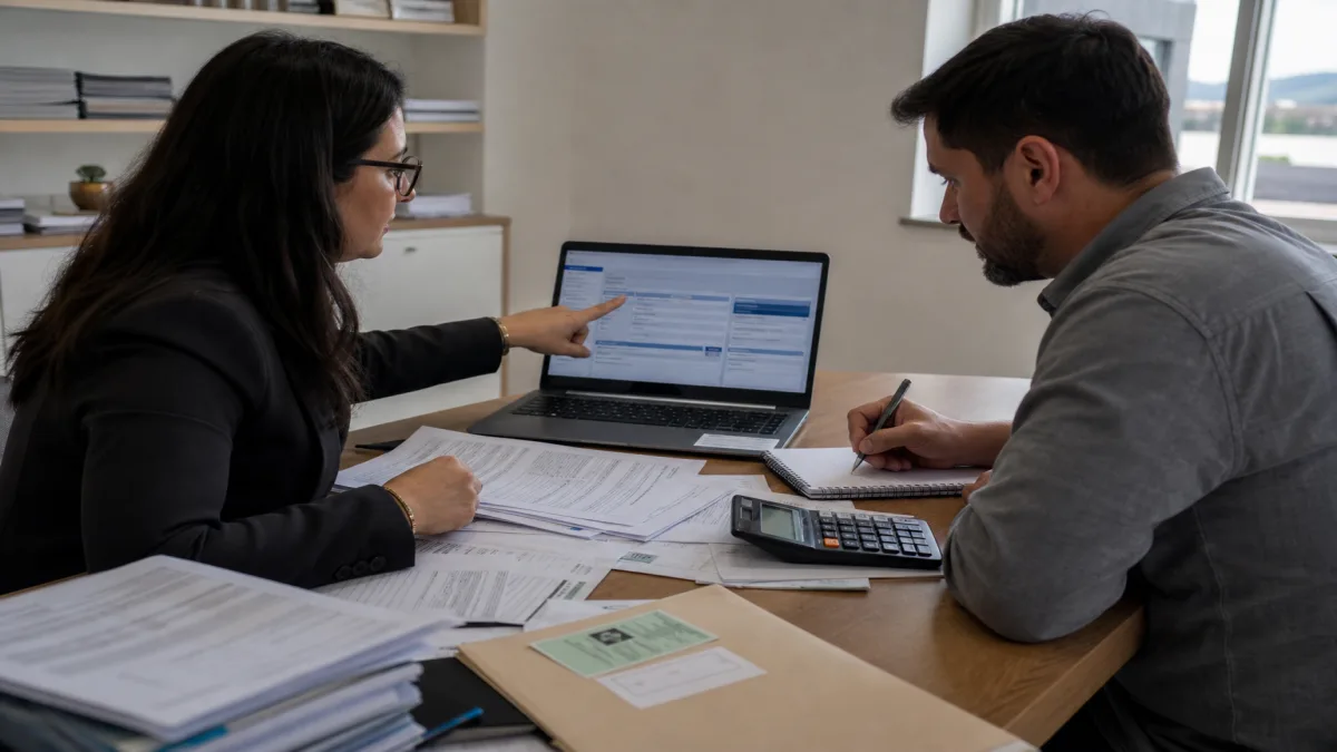 contador analisando relatórios fiscais no notebook para consultar débitos de empresa com documentos tributários na mesa