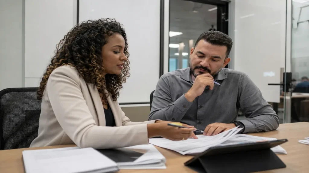Equipe discutindo quando a consulta deve ser feita na pgfn como parte da estratégia de consultar débitos em reunião.