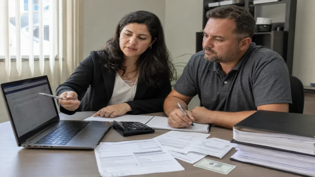 Especialista revisando documentos de quando pagar à vista faz sentido relacionados à consultar débitos em mesa de trabalho.