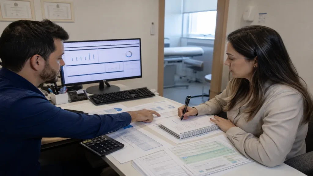 Especialista revisando documentos de indicadores que o gestor médico precisa acompanhar todo mês relacionados à.