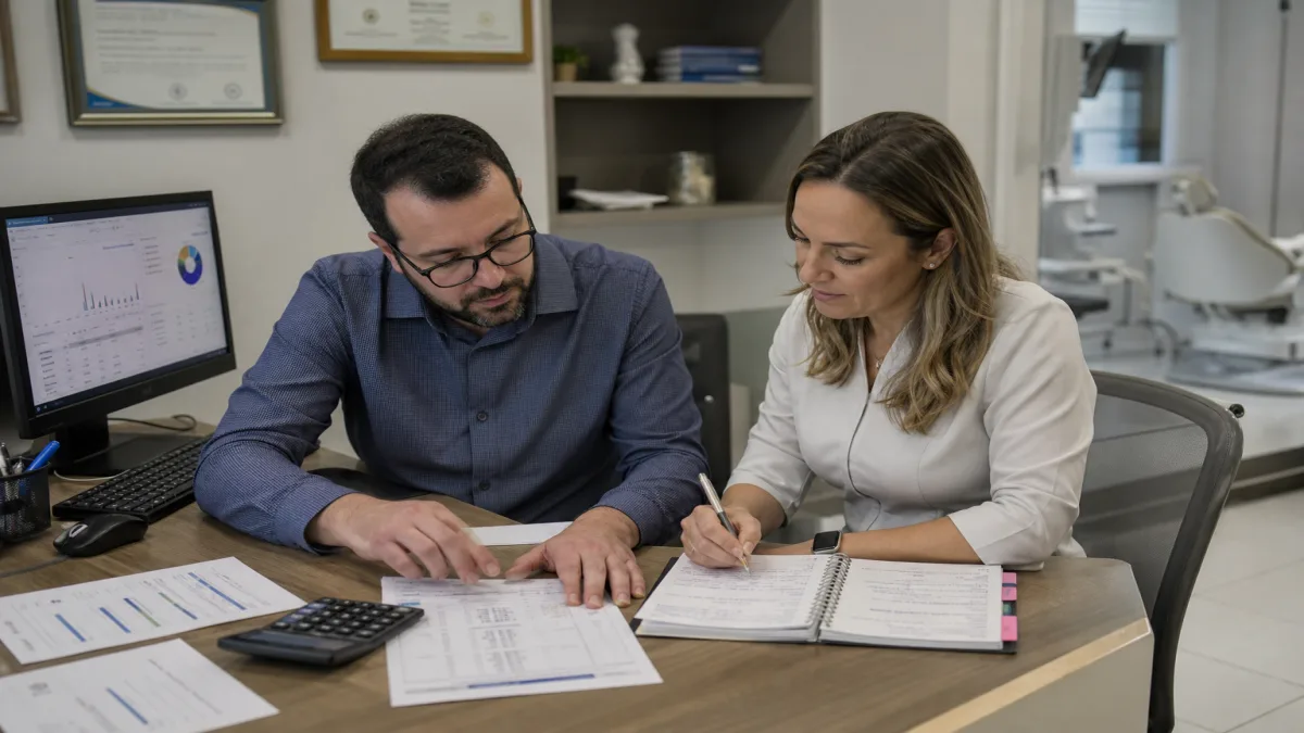 contador e gestora analisando contabilidade para clínicas com relatórios financeiros em consultório médico em Florianópolis