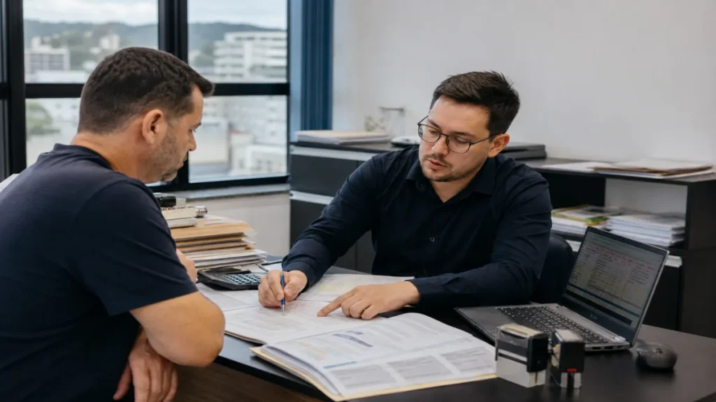 Especialista revisando documentos de quando a empresa precisa revisar dados cadastrais relacionados à contador em.