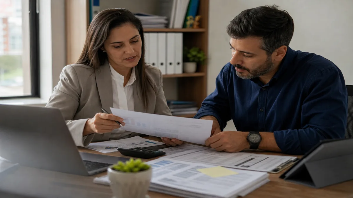 contador e empresário revisando documentos de regularização fiscal com planilhas e guias em mesa de escritório