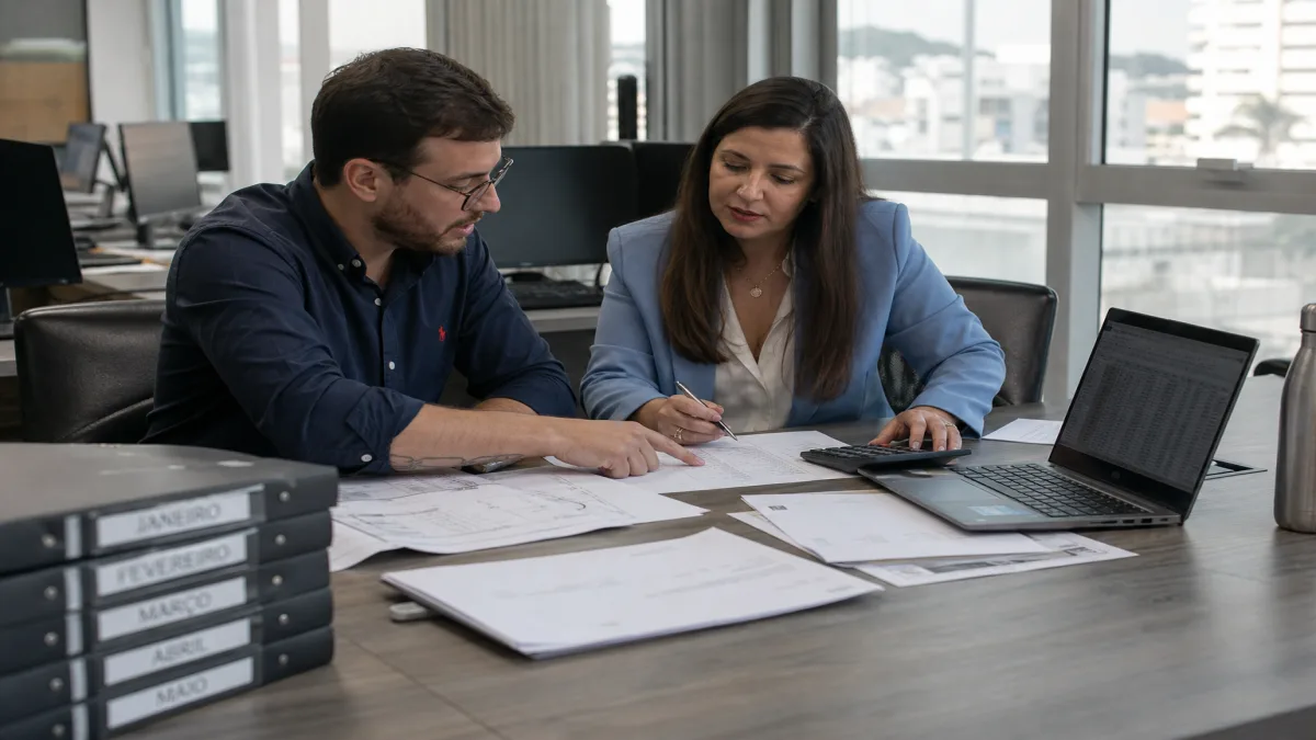 engenheiro e contador analisando contratos e fluxo de caixa com contabilidade para engenheiros em escritório de Florianópolis