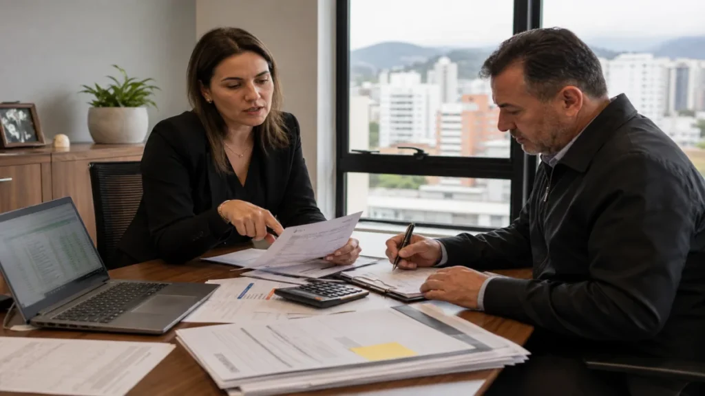 contador em Santa Catarina analisando reforma tributária atualizada com empresária e planilhas fiscais