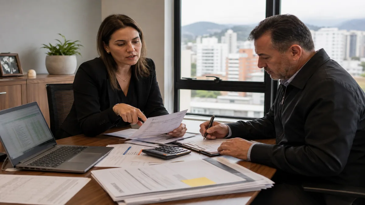 contador em Santa Catarina analisando reforma tributária atualizada com empresária e planilhas fiscais