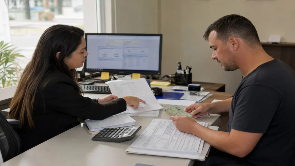 Contador e cliente discutem documentos e opções para abertura de empresa em escritório de contabilidade em Itajaí