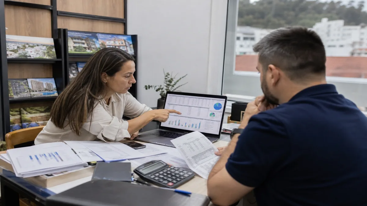 contabilidade para corretores: Corretora analisa comissões e notas fiscais em escritório imobiliário, utilizando.