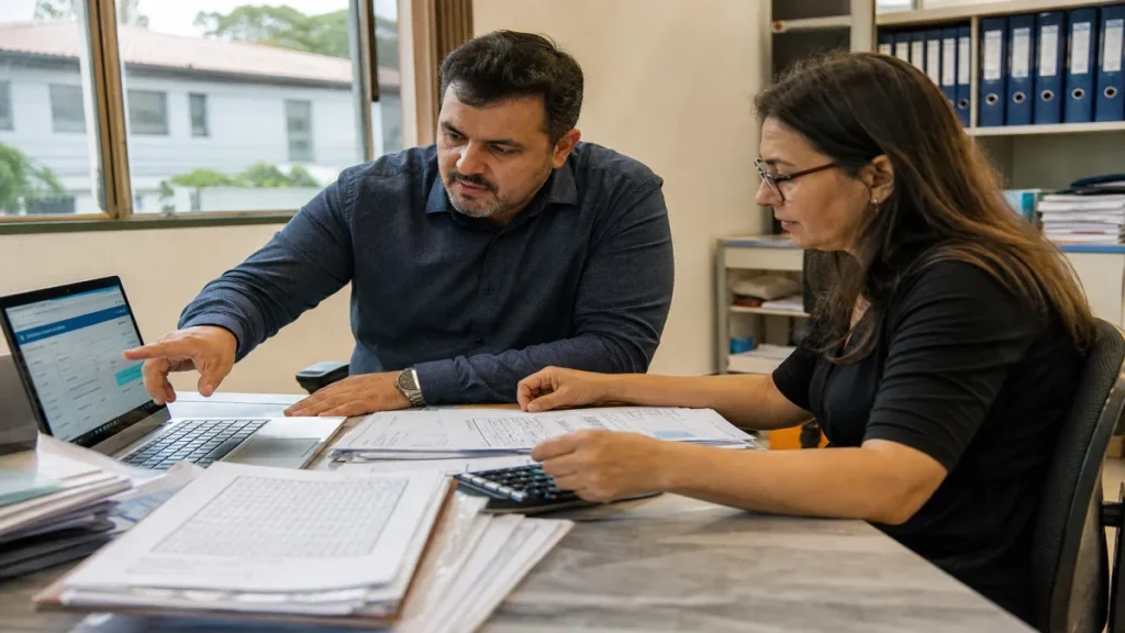 negociação de débitos fiscais: Contador e cliente discutem débitos fiscais em notebook, com documentos contábeis.
