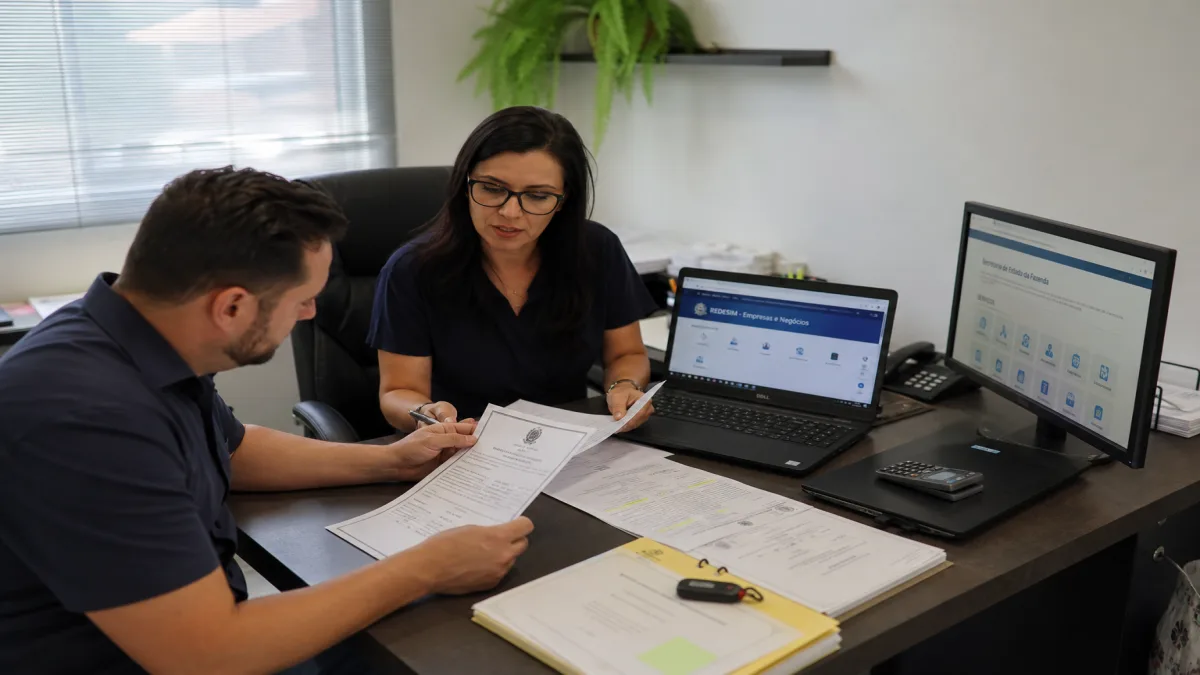 Contabilidade Em Florianópolis 2 Empresária e contador revisam documentos para regularizar CNPJ em escritório contábil em Santa Catarina